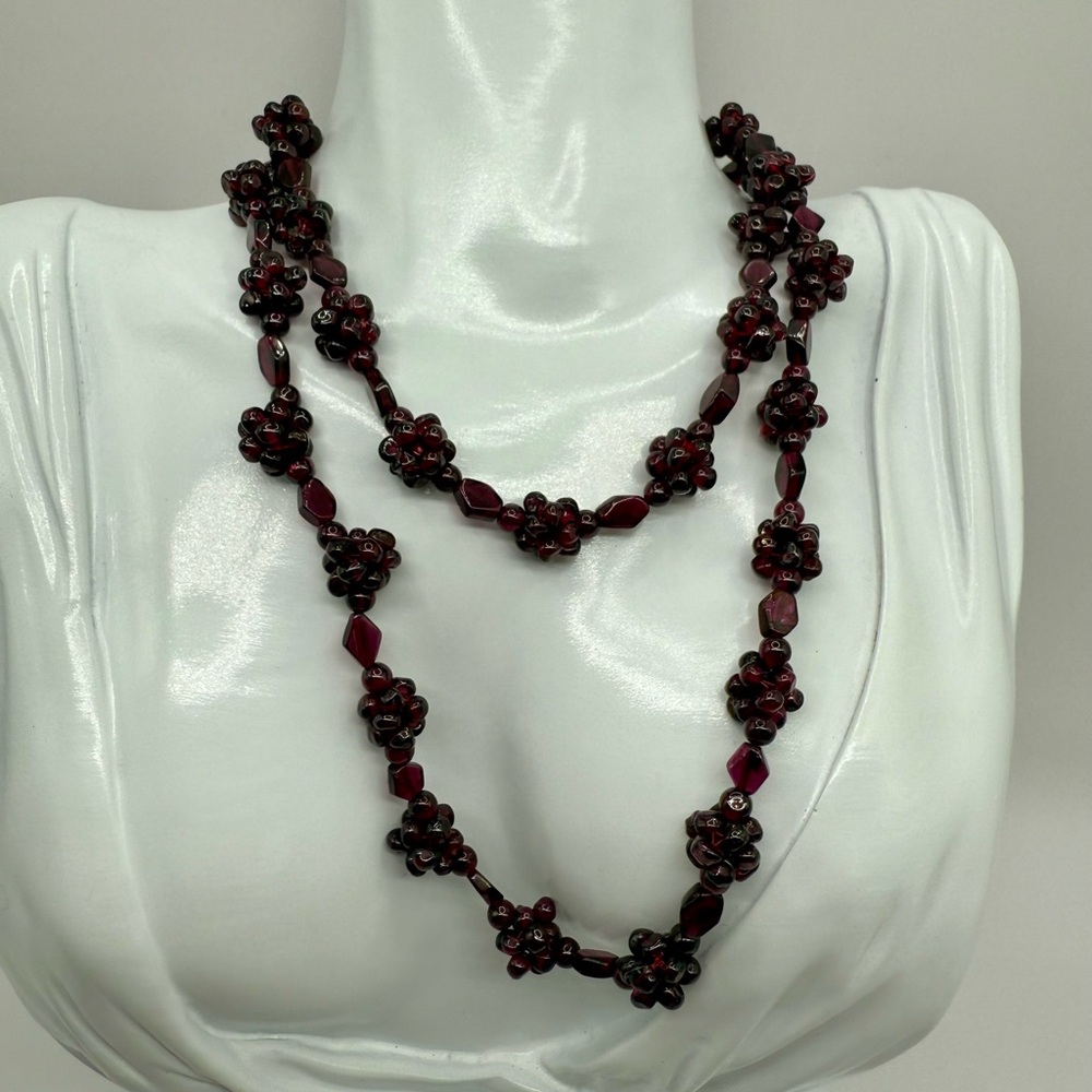 Genuine Garnet Cluster Beaded Bohemian style Necklace 24” Gemstones